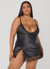 Lace Trimmed Satin Chemise Set Black | Ashley Stewart