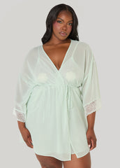 Lace Paneled Babydoll And Robe Set Green | Ashley Stewart