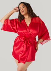 Lace Paneled Satin Robe Red | Ashley Stewart