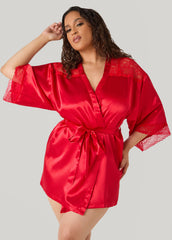 Lace Paneled Satin Robe Red | Ashley Stewart