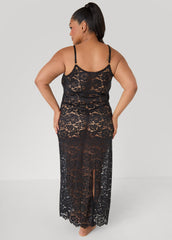 Floral Lace Lingerie Gown Black | Ashley Stewart