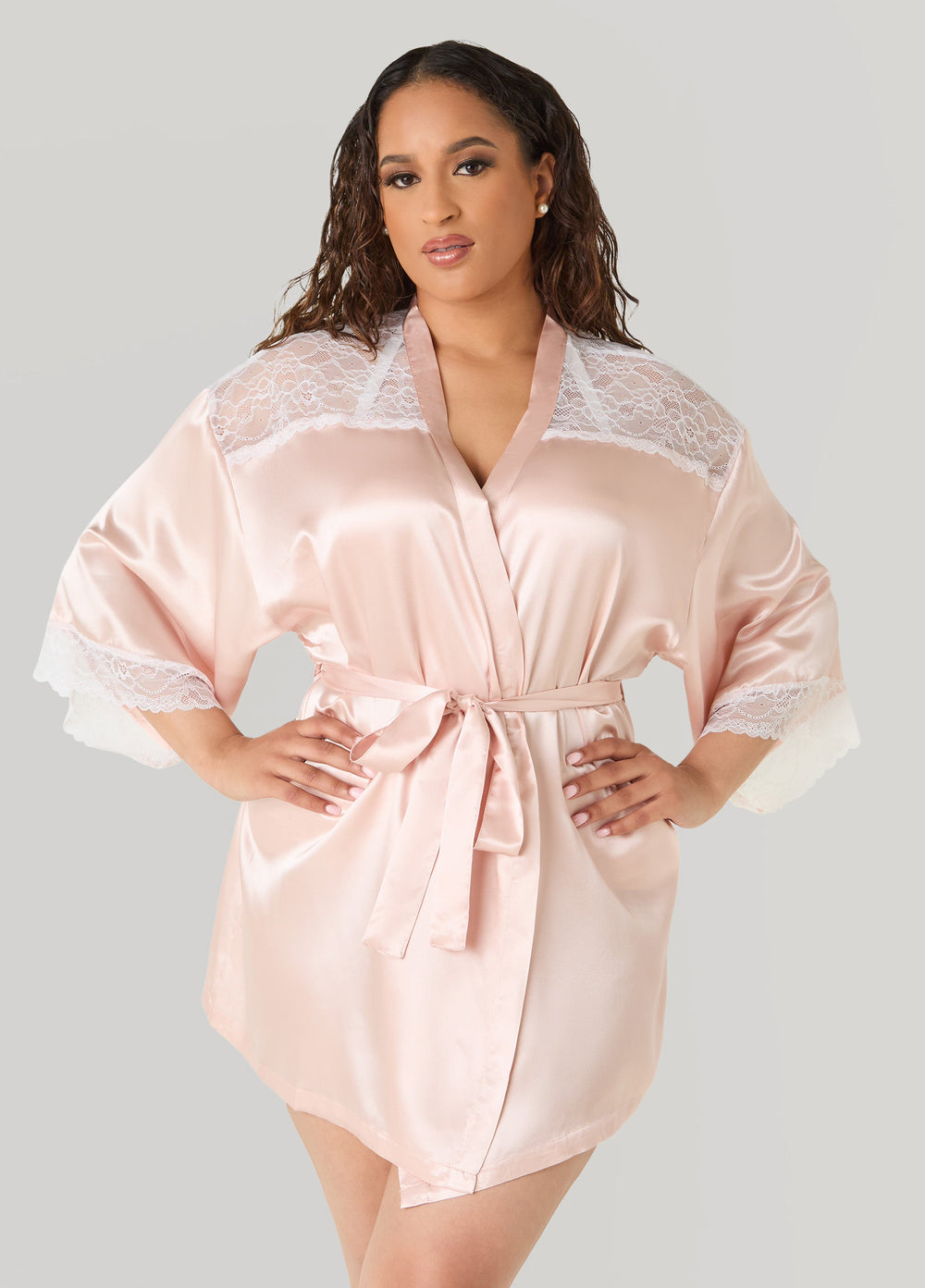 Two Tone Lace Paneled Satin Robe Rose | Ashley Stewart