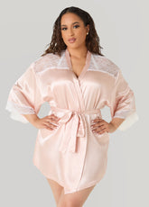 Two Tone Lace Paneled Satin Robe Rose | Ashley Stewart