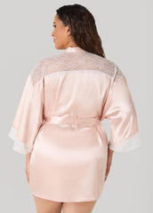 Two Tone Lace Paneled Satin Robe Rose | Ashley Stewart