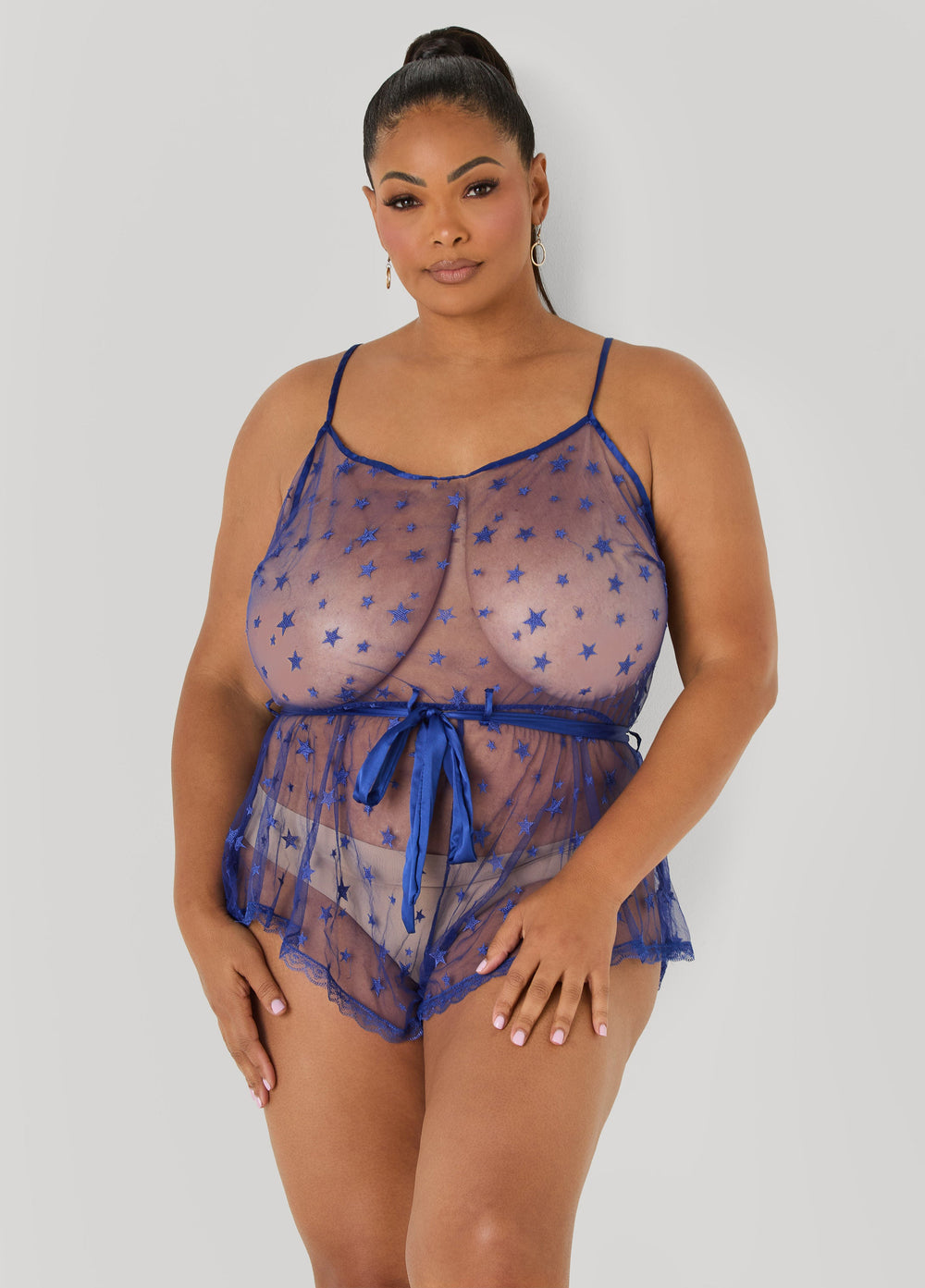 Star Mesh Lingerie Romper Navy | Ashley Stewart