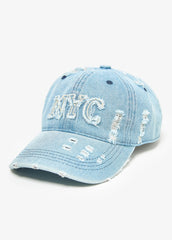 Distressed NYC Denim Baseball Hat Denim | Ashley Stewart