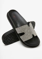 Crystal Cutout Slide Sandals Black | Ashley Stewart