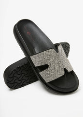 Crystal Cutout Slide Sandals Black | Ashley Stewart