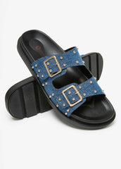 Studded Denim Slide Sandals Denim | Ashley Stewart