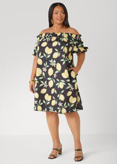 Off The Shoulder Lemon Print Dress Black Combo | Ashley Stewart