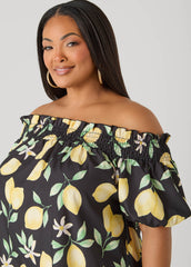 Off The Shoulder Lemon Print Dress Black Combo | Ashley Stewart