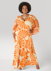 Tall Pleated Sleeve Tropical Wrap Dress Persimmon Orange | Ashley Stewart