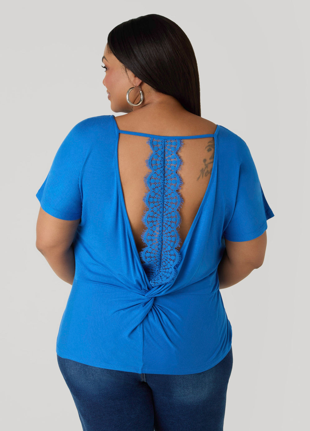 Lace Paneled Open Back Top Victoria Blue | Ashley Stewart