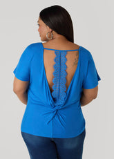 Lace Paneled Open Back Top Victoria Blue | Ashley Stewart