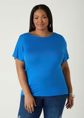 Lace Paneled Open Back Top Victoria Blue | Ashley Stewart