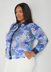 Denim Trimmed Printed Mesh Shirt Denim Blue | Ashley Stewart