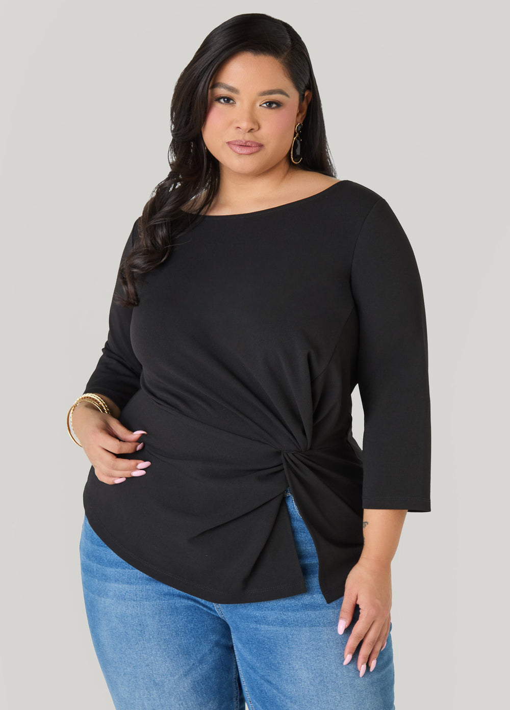 Knotted Boat Neck Top Black | Ashley Stewart