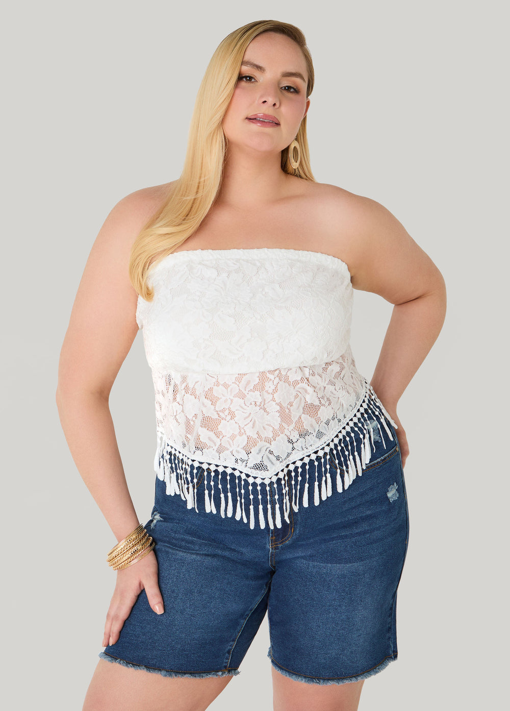 Fringed Floral Lace Tube Top White | Ashley Stewart