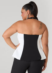 Two Tone Peplum Halter Top Black White | Ashley Stewart