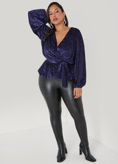 Burnout Velvet Faux Wrap Top Navy | Ashley Stewart