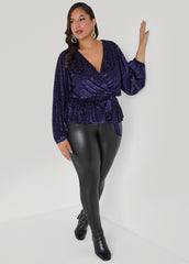 Burnout Velvet Faux Wrap Top Navy | Ashley Stewart