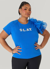 Slay Embellished Ruffled Tee Victoria Blue | Ashley Stewart
