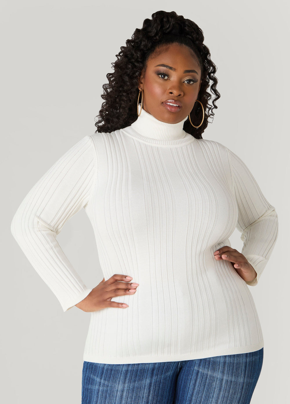 Turtleneck Ribbed Knit Sweater White | Ashley Stewart
