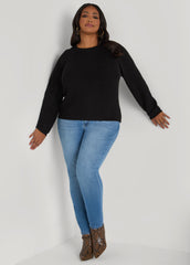 Ribbed Raglan Sweater Black | Ashley Stewart