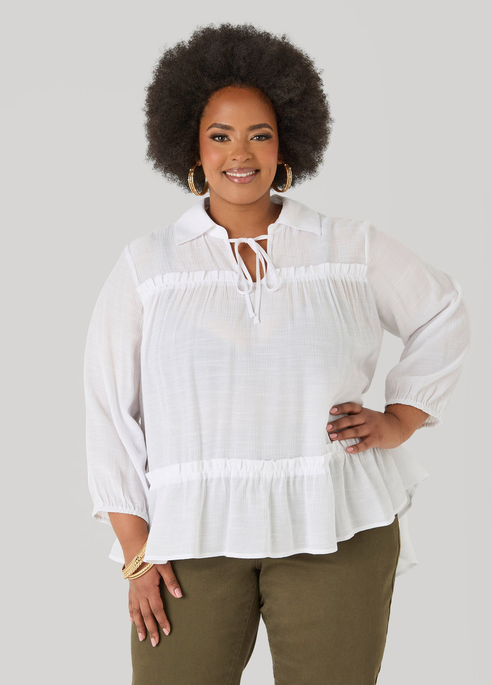 Ruffle Trimmed Gauze Blouse White | Ashley Stewart