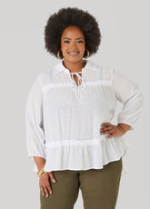 Ruffle Trimmed Gauze Blouse White | Ashley Stewart