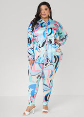 Floral Satin Shirt POWDER BLUE | Ashley Stewart