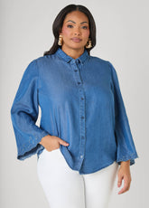 Embroidered Eyelet Chambray Shirt Blue | Ashley Stewart