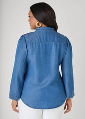 Embroidered Eyelet Chambray Shirt Blue | Ashley Stewart