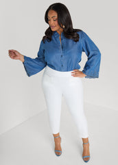 Embroidered Eyelet Chambray Shirt Blue | Ashley Stewart
