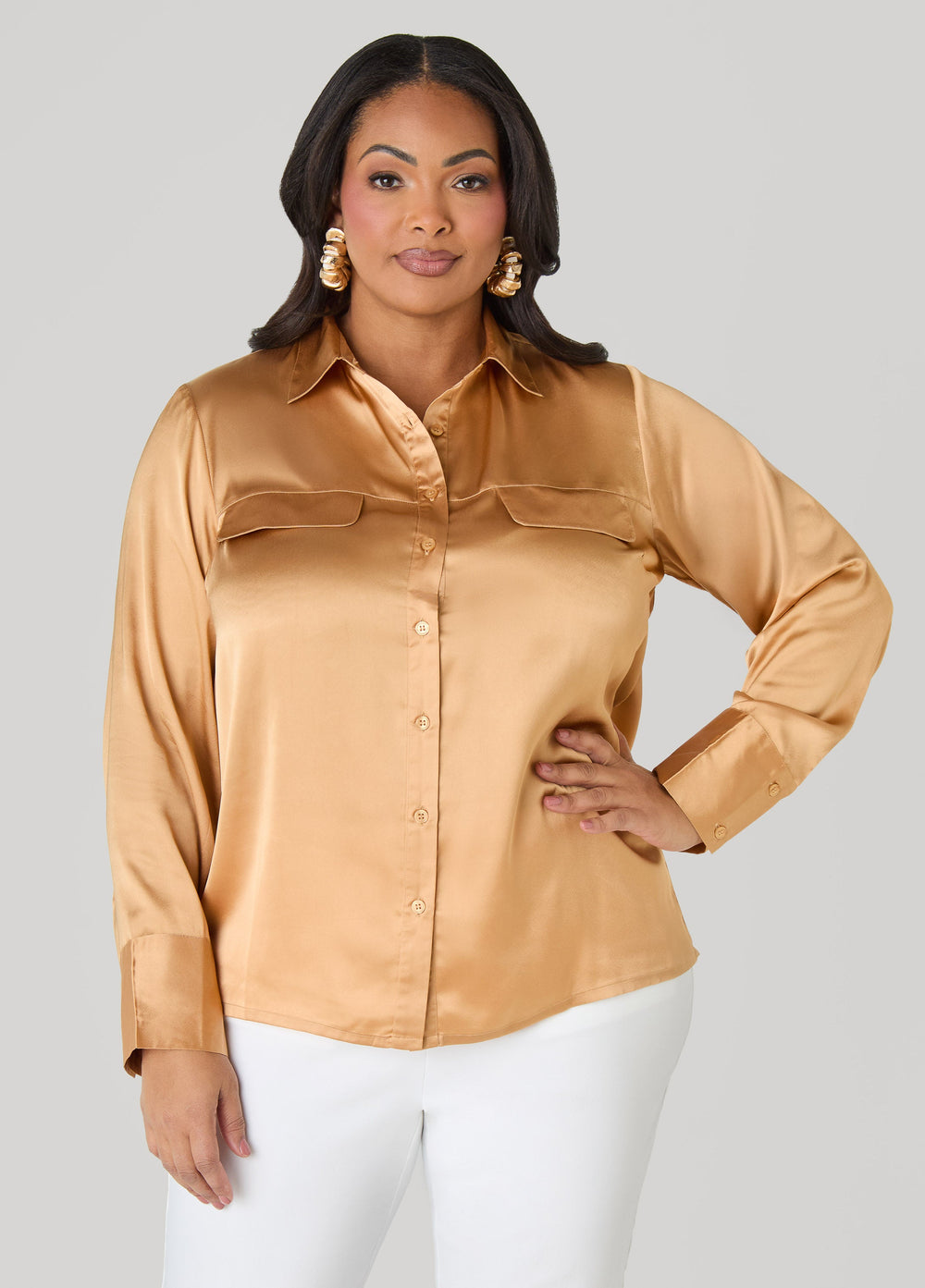 Satin Shirt Navy Peony | Ashley Stewart