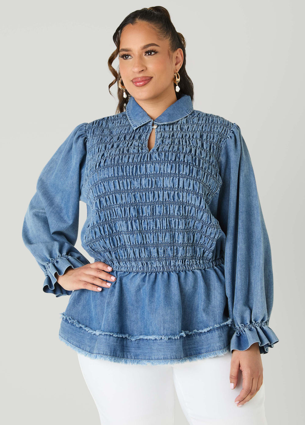Smocked Denim Peplum Top Denim | Ashley Stewart