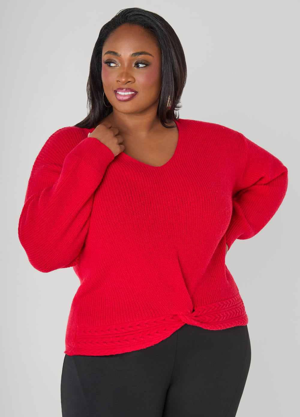 Knotted Cable Knit Trimmed Sweater Lychee | Ashley Stewart