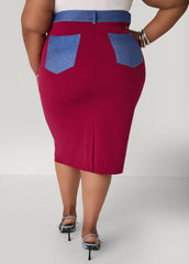 Denim Paneled Midi Skirt Rhododendron | Ashley Stewart