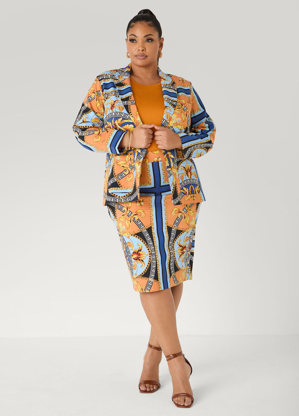 Millennium Scarf Print Skirt Navy Peony | Ashley Stewart