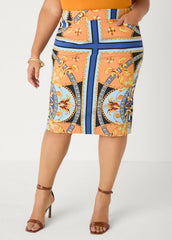 Millennium Scarf Print Skirt Navy Peony | Ashley Stewart