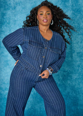 Pinstriped Denim Crop Jacket Dk Wash | Ashley Stewart