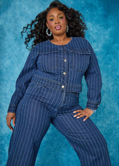 Pinstriped Denim Crop Jacket Dk Wash | Ashley Stewart