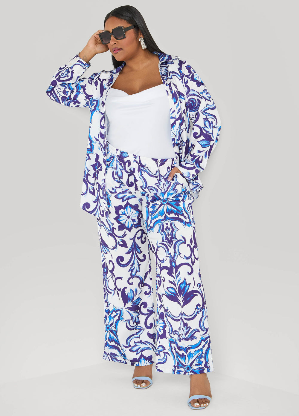 Floral Print Satin Wide Leg Pants Pansy | Ashley Stewart