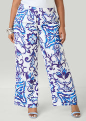 Floral Print Satin Wide Leg Pants Pansy | Ashley Stewart