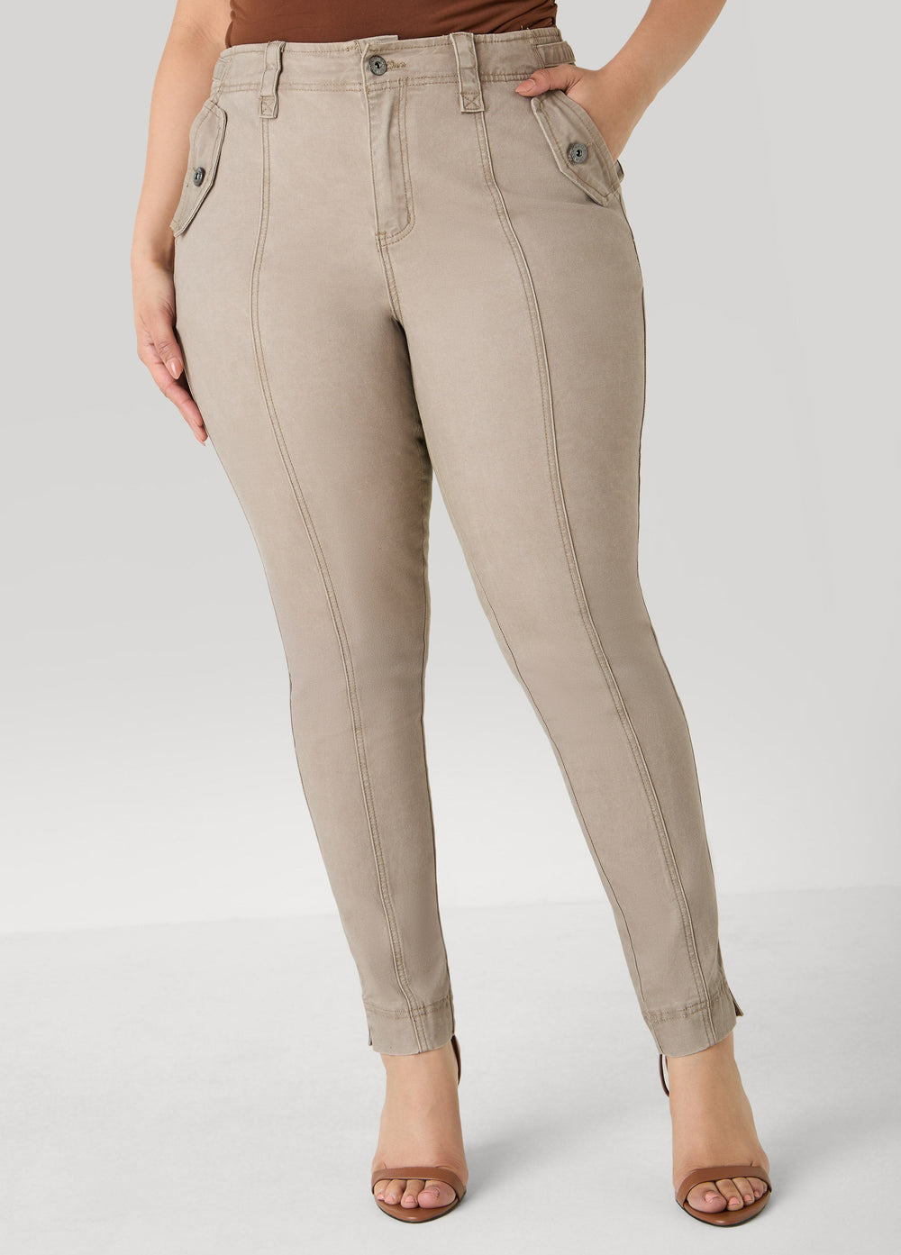 Flap Pocket Skinny Jeans Camel Taupe | Ashley Stewart