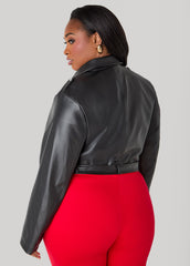 Cropped Faux Leather Moto Jacket Black | Ashley Stewart