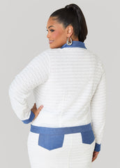 Denim Paneled Textured Jacket White | Ashley Stewart