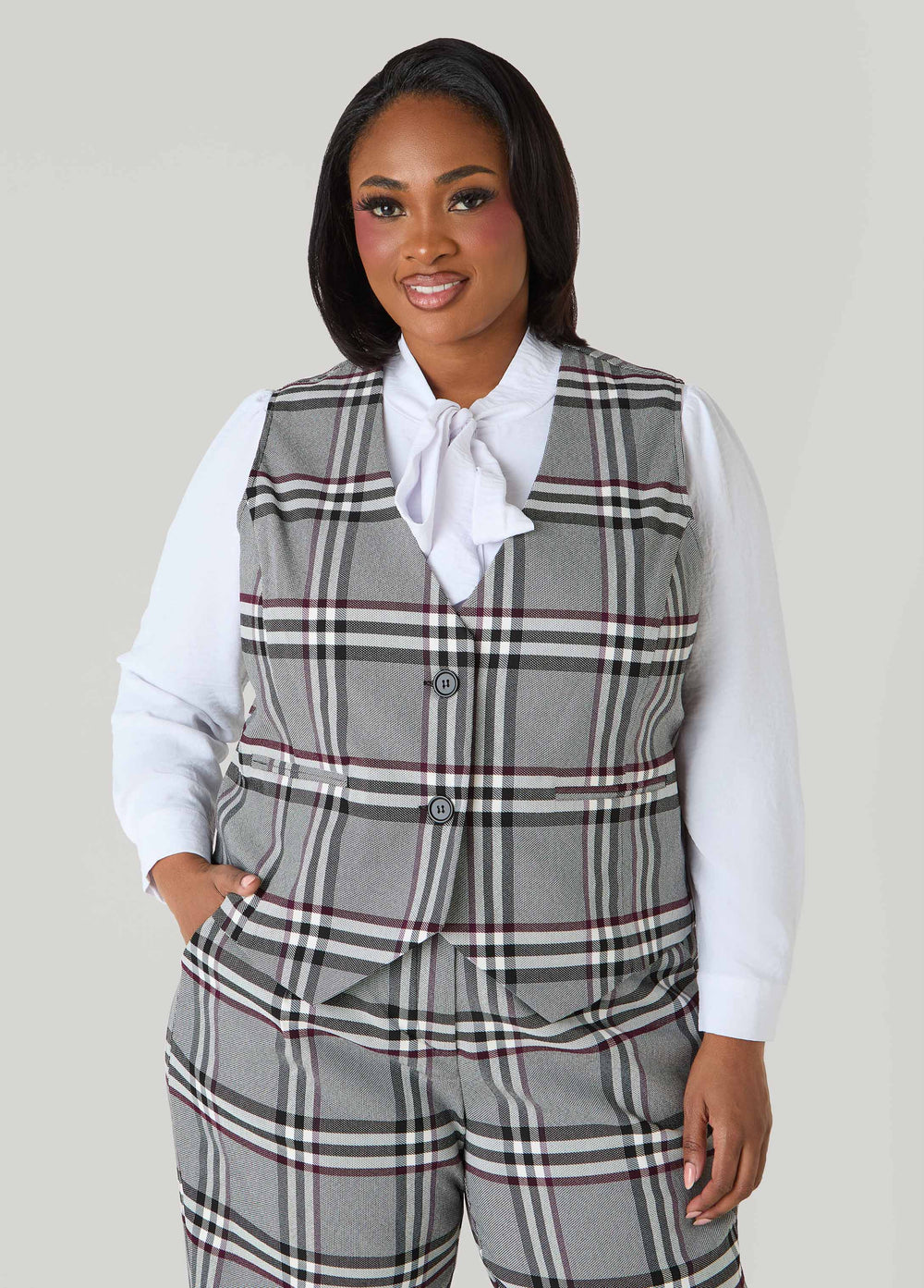 Millennium Plaid Vest Grey Flannel | Ashley Stewart