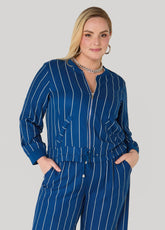 Pinstriped Zip Front Jacket Navy Peony | Ashley Stewart