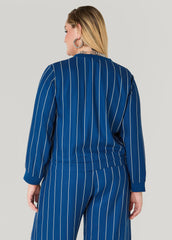 Pinstriped Zip Front Jacket Navy Peony | Ashley Stewart
